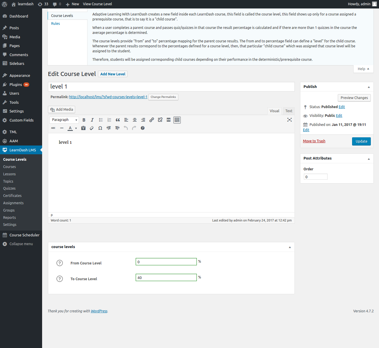 Course Level page for Adarptive Learning With LearnDash