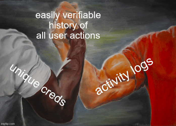 meme about monitoring user activity using activity logs and unique credentials
