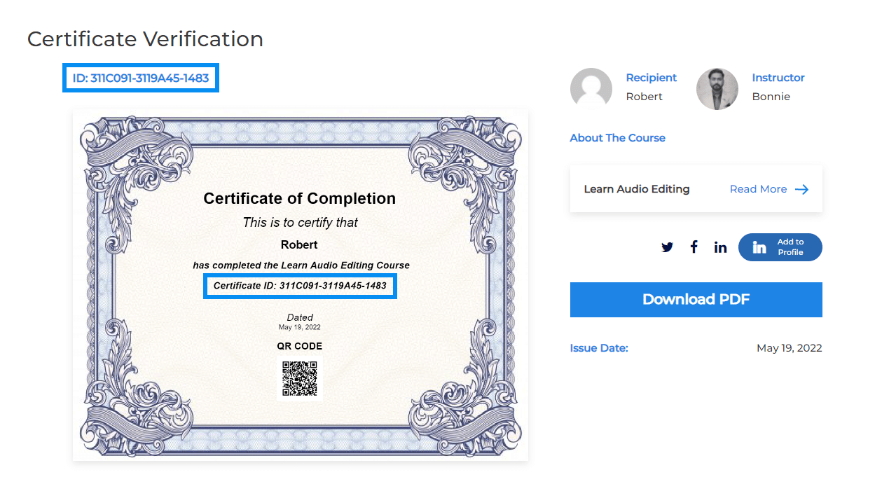 learndash certificate verify and share
