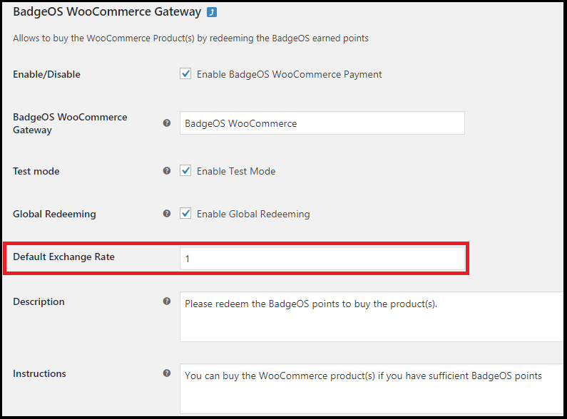 badgeos woocommerce gateway - set the default point exchange rate