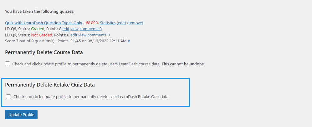 LearnDash Retake Quiz - Delete Retake Quiz Data from User Profile