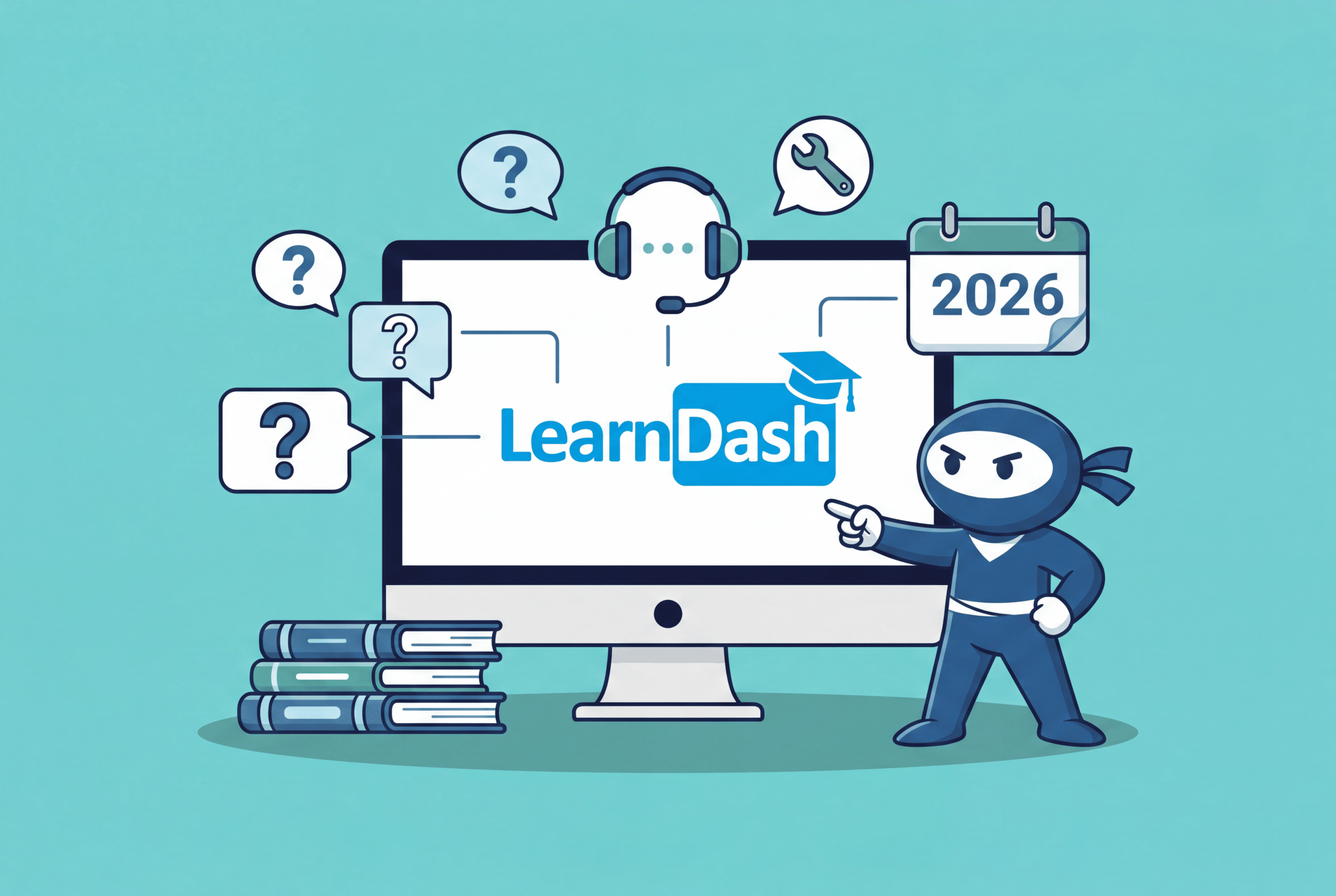 LearnDash surrounded by question marks on the monitor in the background and a Blue Ninjas pointing at it int he foreground and 2026 sign above it all