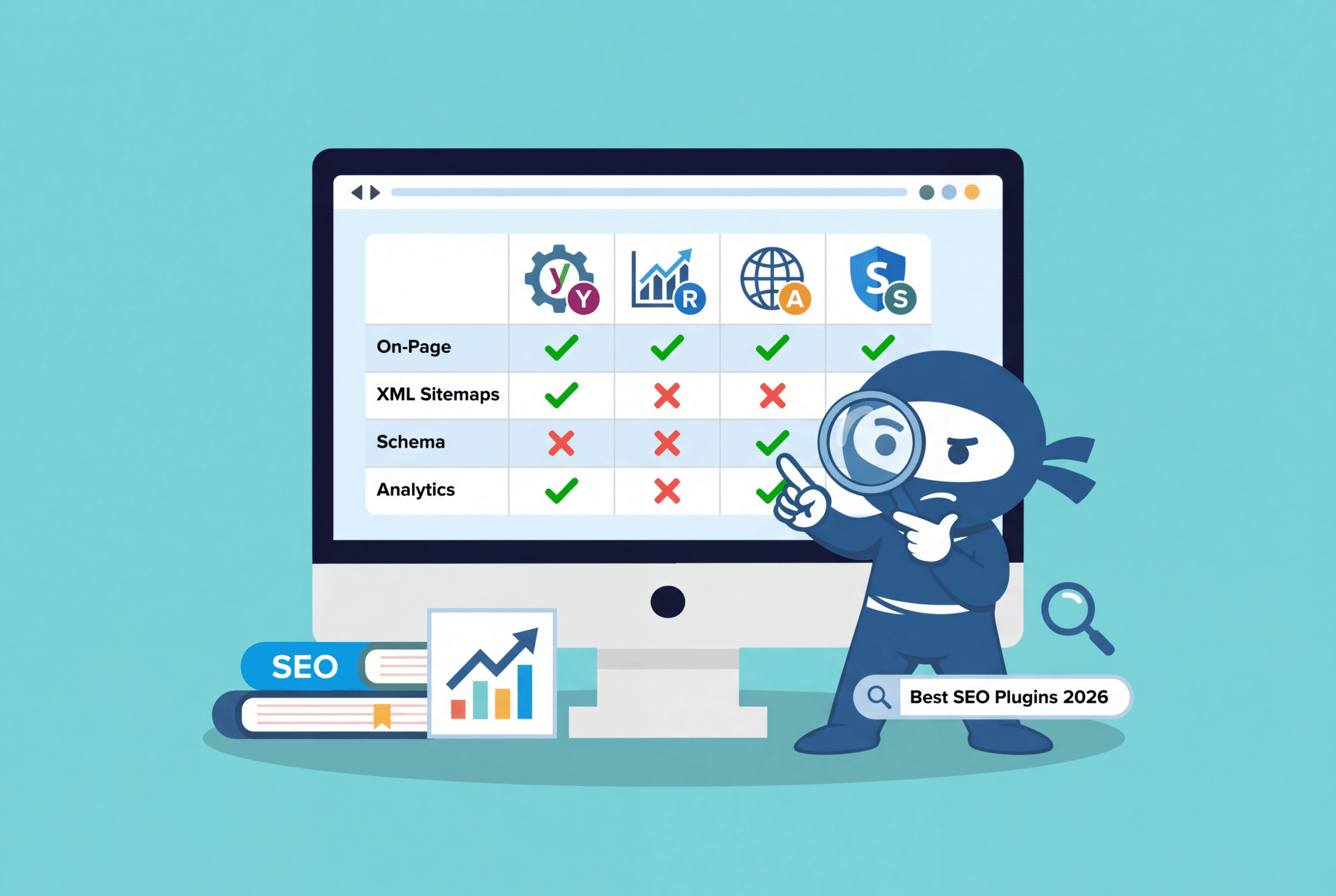 Ninja mascot with a magnifying glass studying a WordPress SEO plugin comparison table on a monitor.