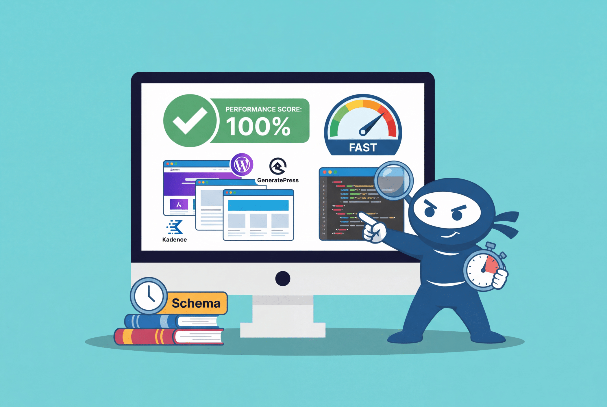 WooNinjas ninja mascot pointing at a monitor showing a performance score, a speed gauge, WordPress theme previews, and schema code.