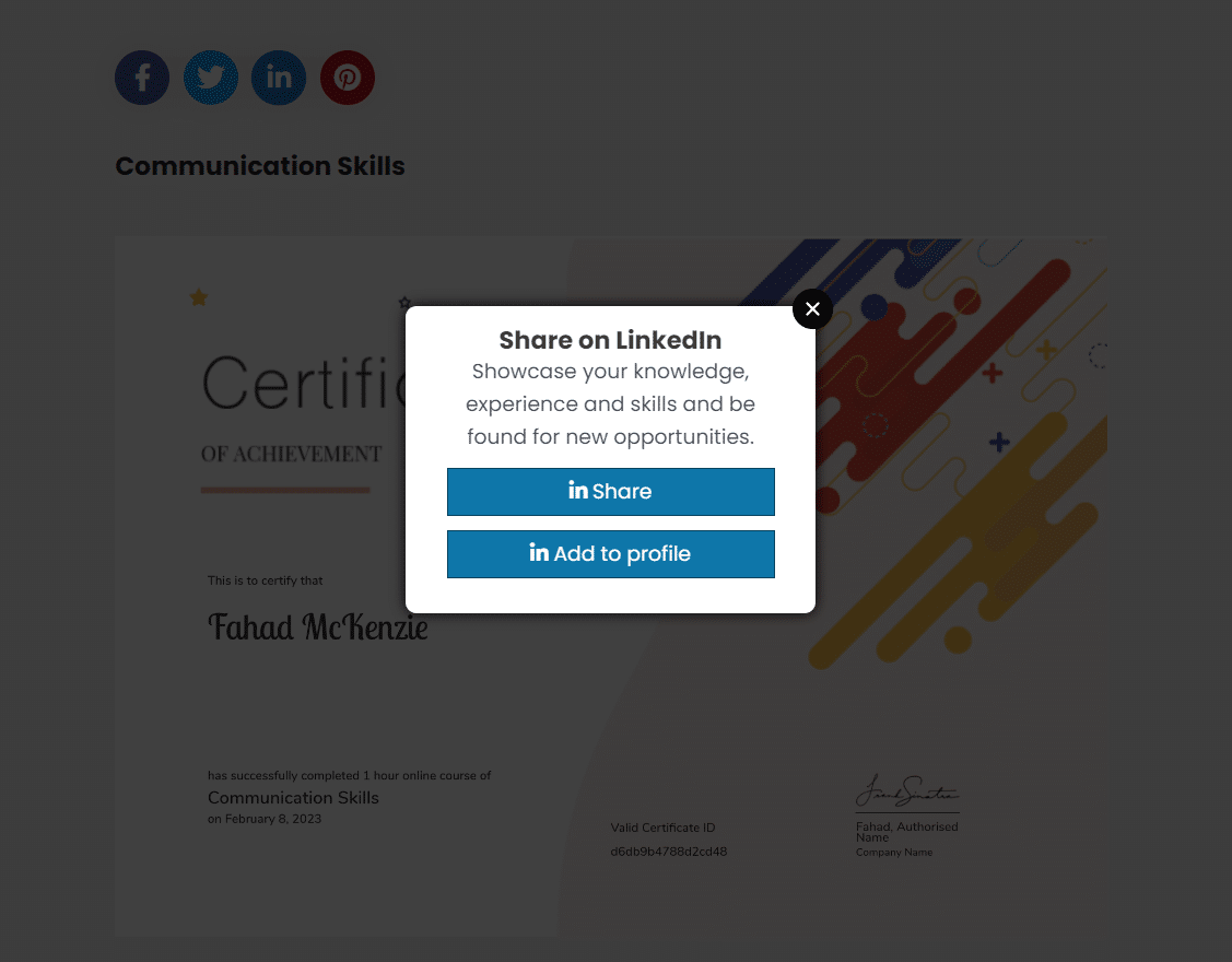 TutorLMS add certificates To LinkedIn Profile